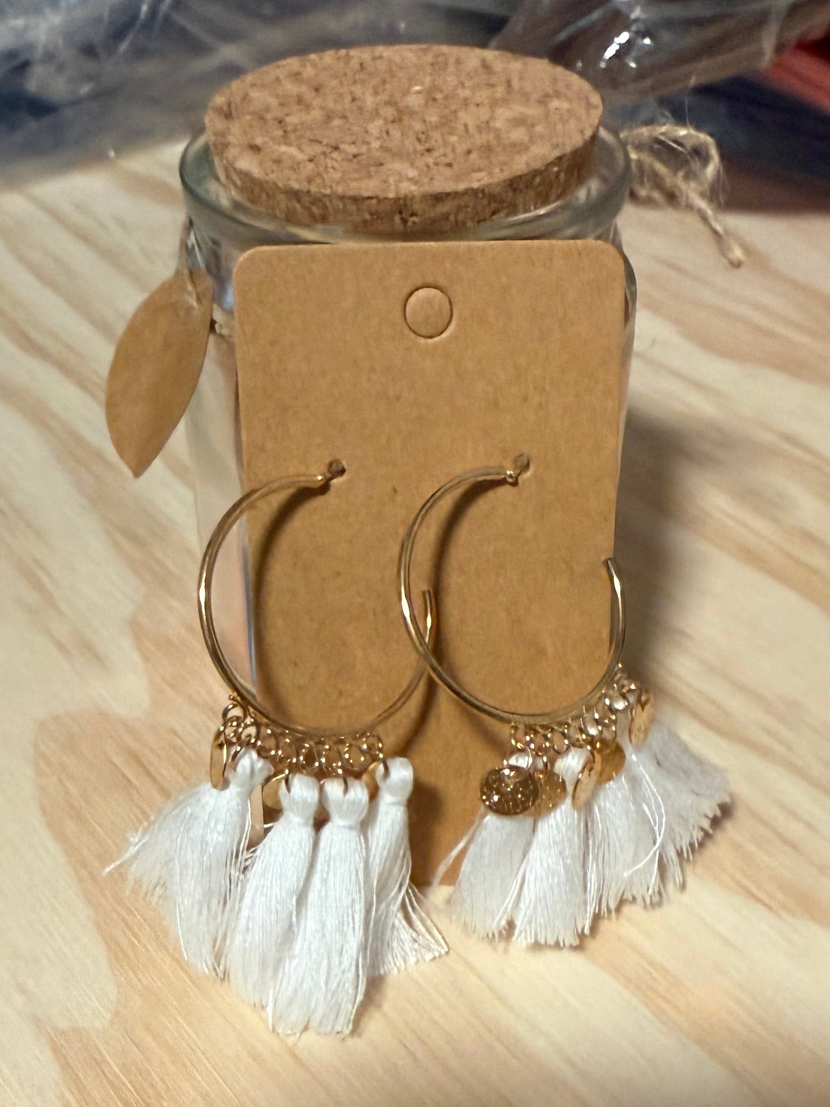 Gold Shimmery White Tassel Earrings